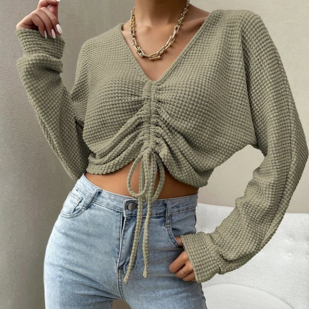 green runched front crop top casual trending fall winter - Picture 5 of 6